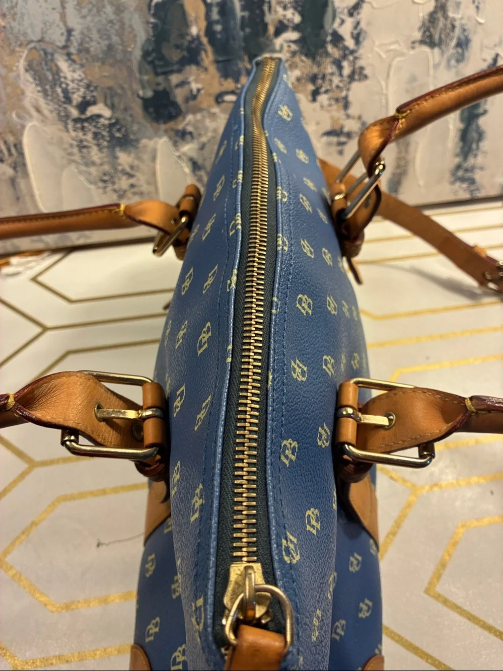 EUC Vintage Dooney and Bourke Blue Monogram Satchel with Tan Trim
